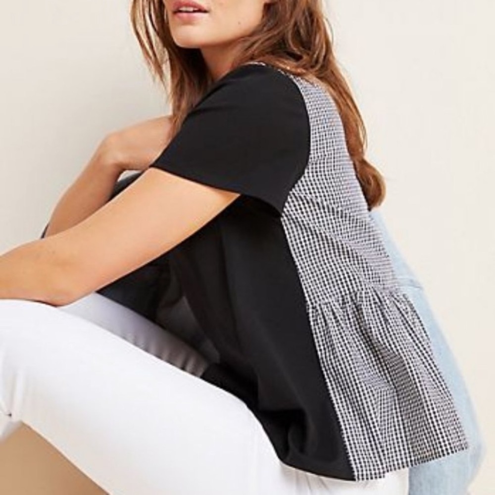 Anthro Eri + Ali Gingham Back Shirley Black Boxy Tee
